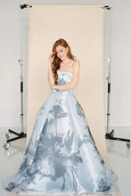 Load image into Gallery viewer, Light Blue and Black Floral Printed Ball Gown
