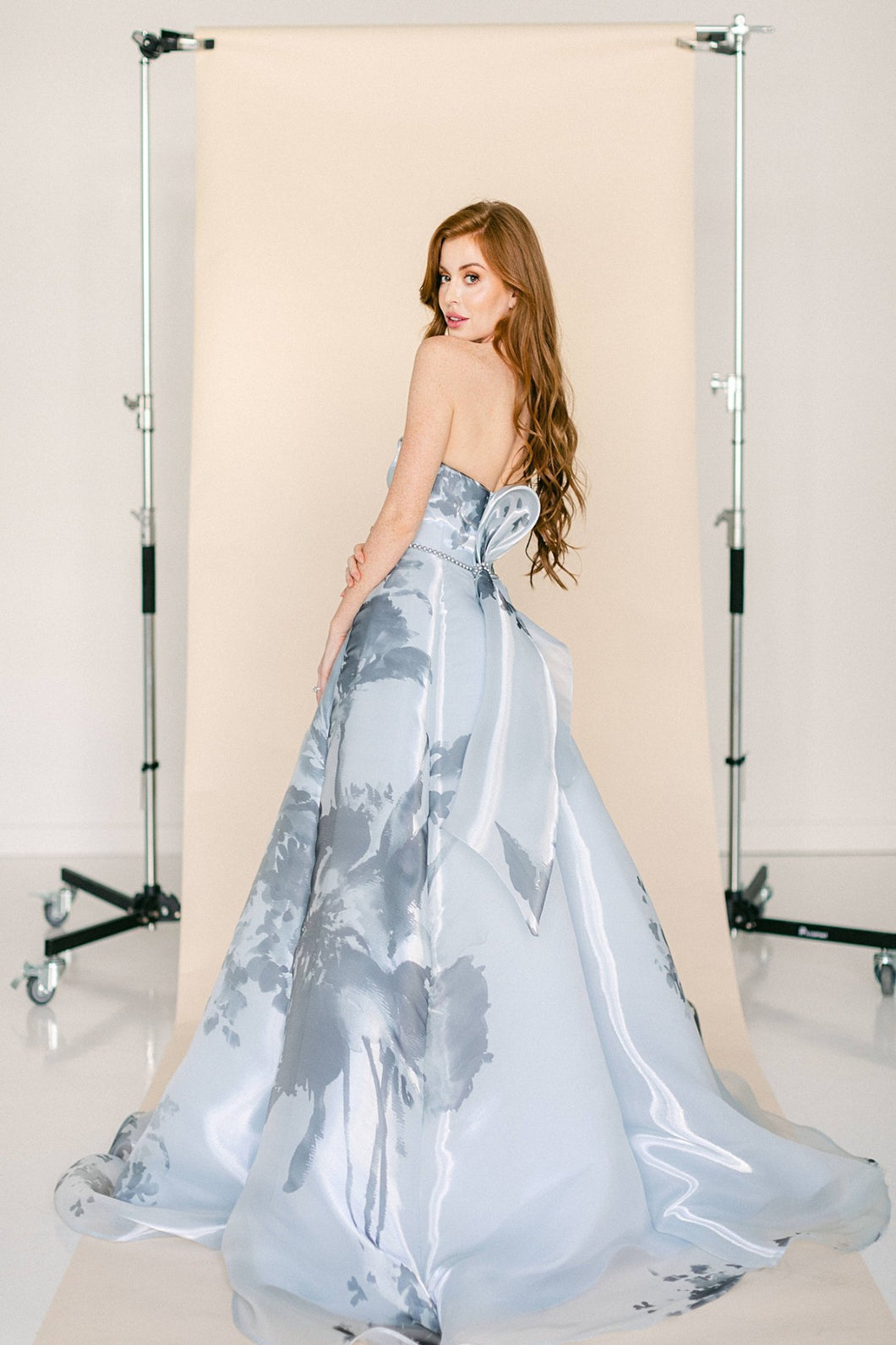 Light Blue and Black Floral Printed Ball Gown