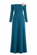 Teal Off-Shoulder Gown with Floral Accent