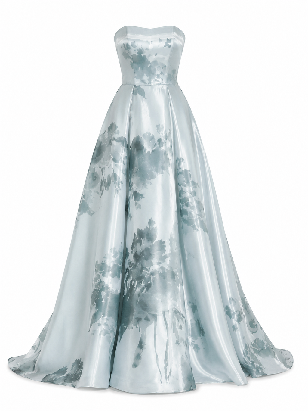 Light Blue and Black Floral Printed Ball Gown