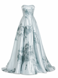 Light Blue and Black Floral Printed Ball Gown