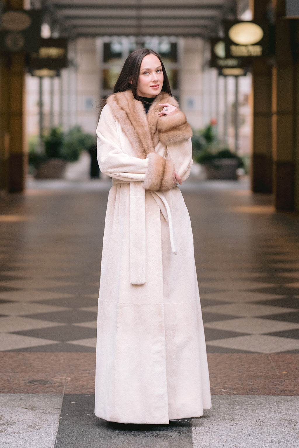 Sheered Palomino Mink and Sable Trimmed Full Length Coat
