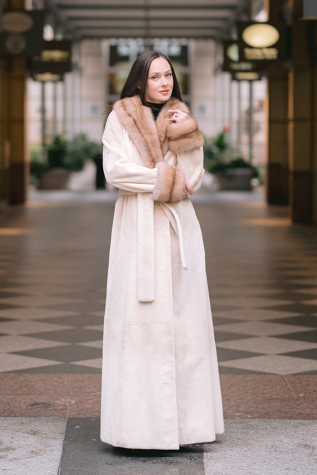 Sheered Palomino Mink and Sable Trimmed Full Length Coat