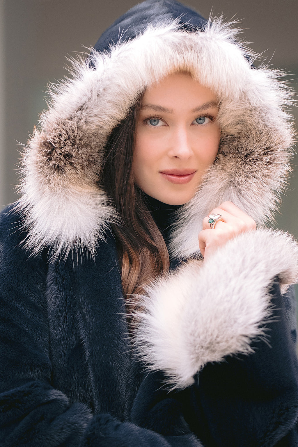 Navy Mink and Fox Trimmed Jacket