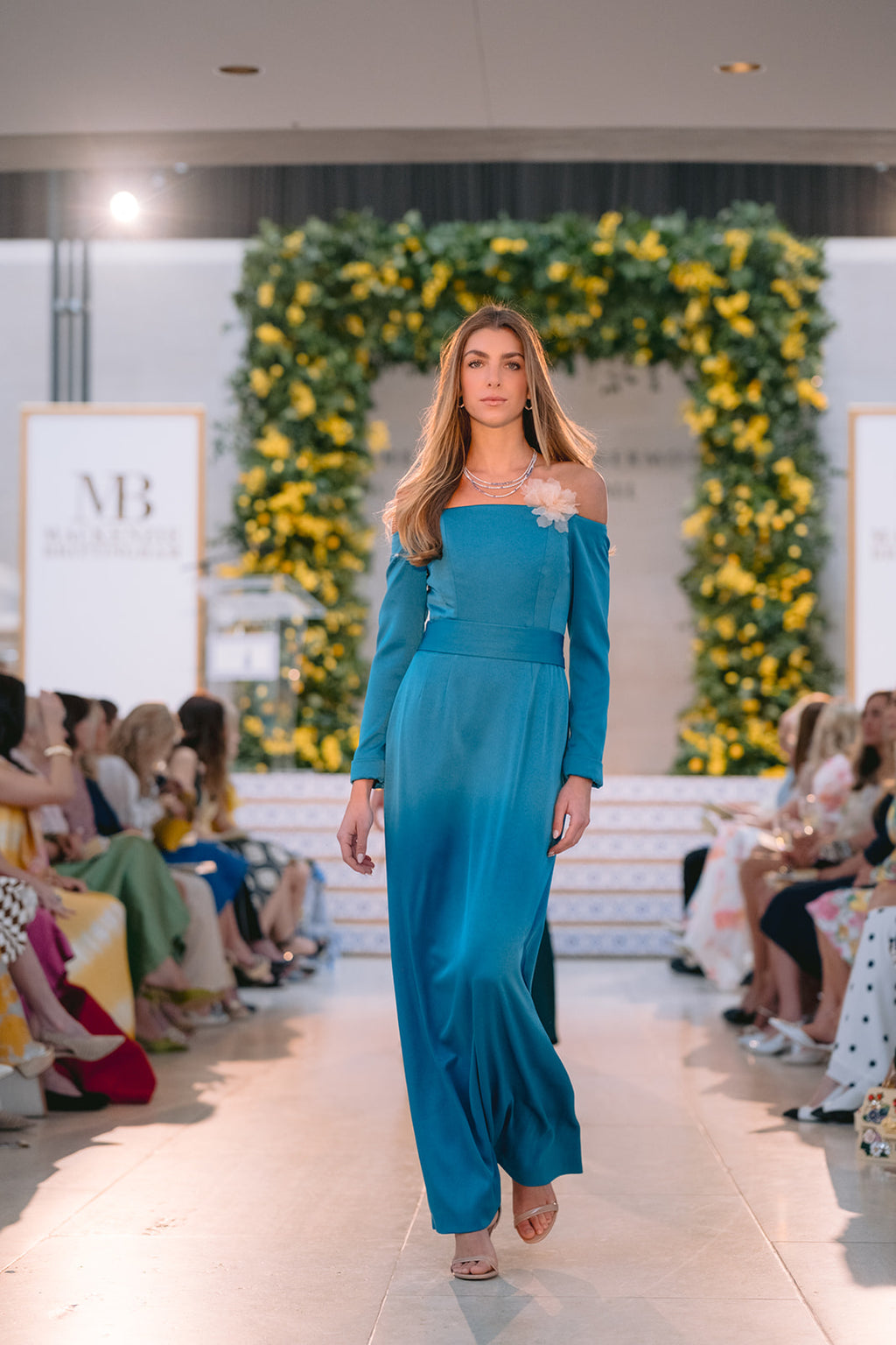 Teal Off-Shoulder Gown with Floral Accent