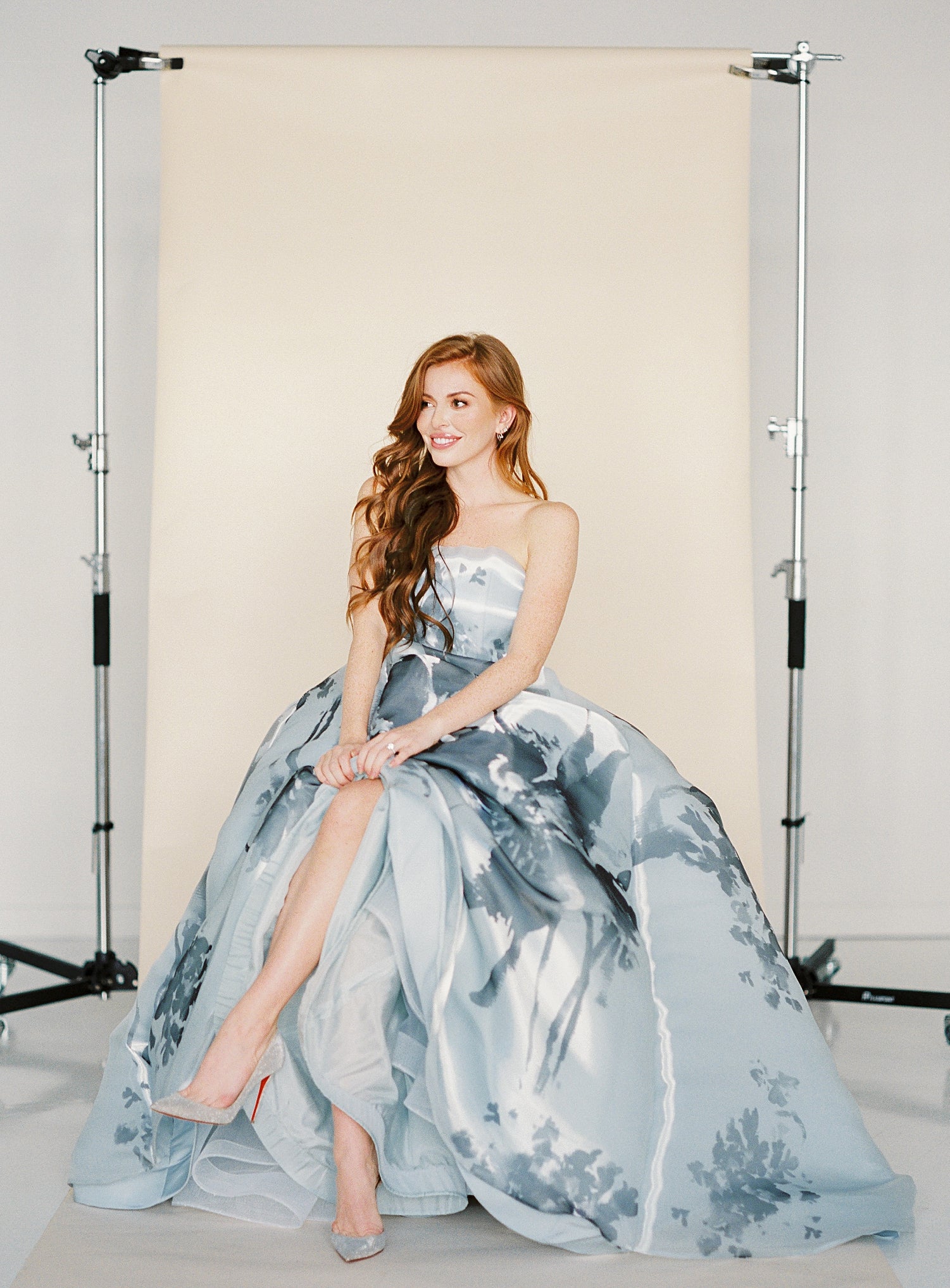 Light Blue and Black Floral Printed Ball Gown