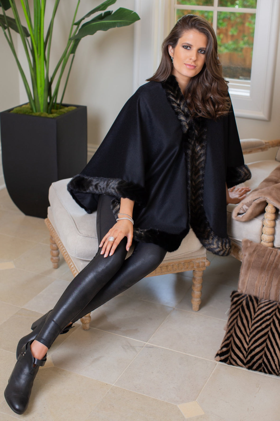 Chevron Cashmere Mink Trim Cape