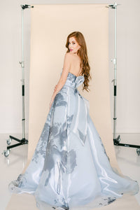 Light Blue and Black Floral Printed Ball Gown